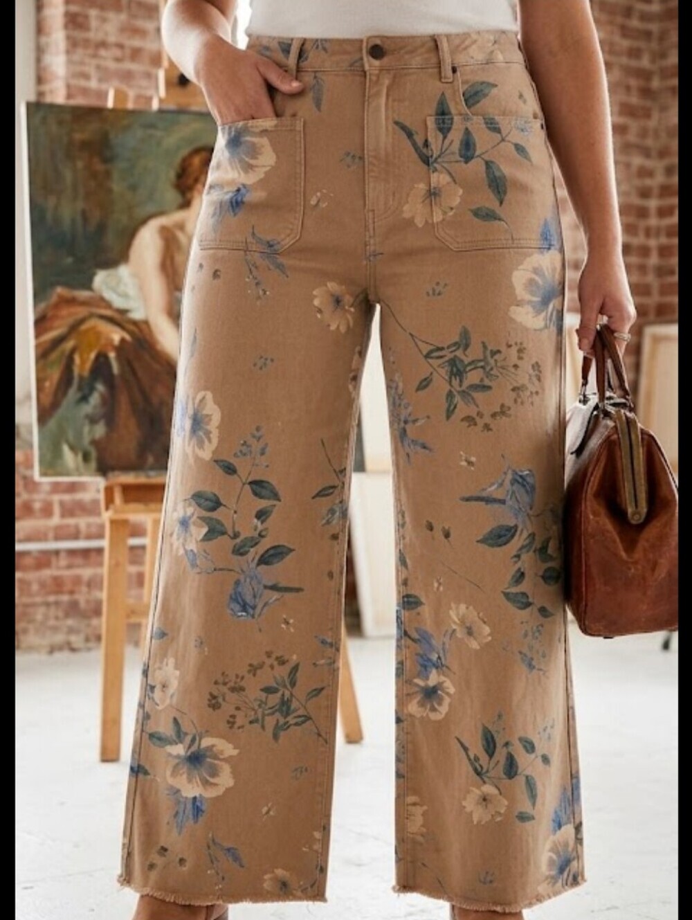 Easel Floral Wide Leg Pants Size 2X Tan Blue NWT